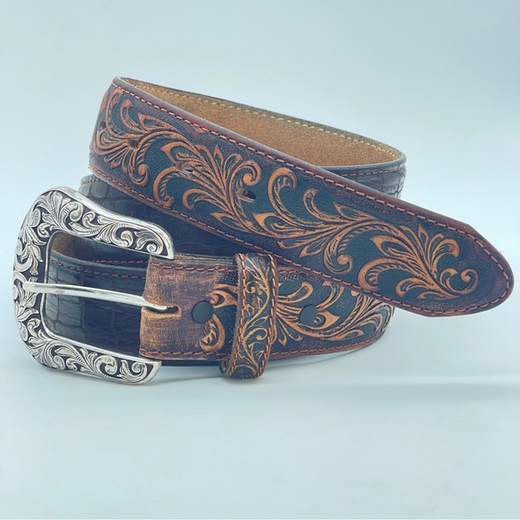 Tony Lama Other - TONY LAMA Belt Tooled Leather Western silver tone decorated buckle SZ 46